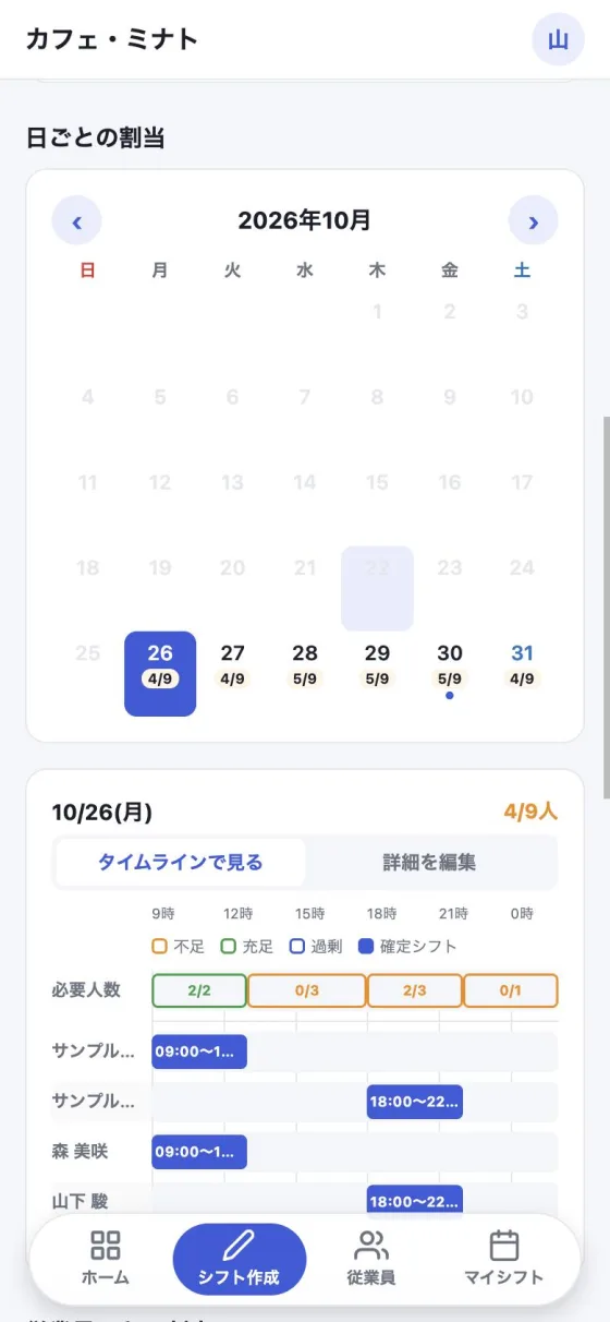 シフト作成。月のカレンダーと日ごとの割り当て